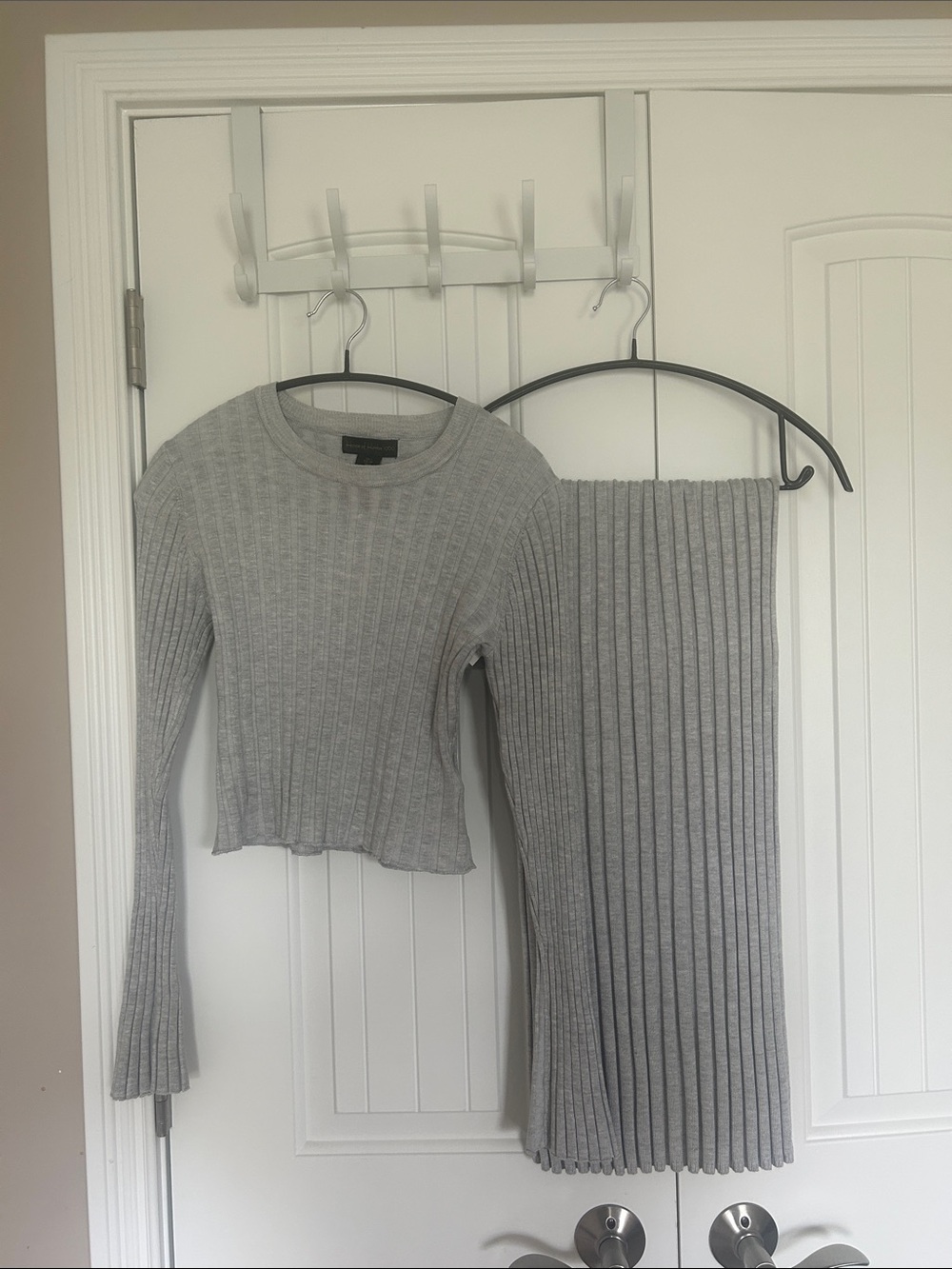 House of Harlow 1960 Ribbed Knit Top and Skirt Set in Light Gray
